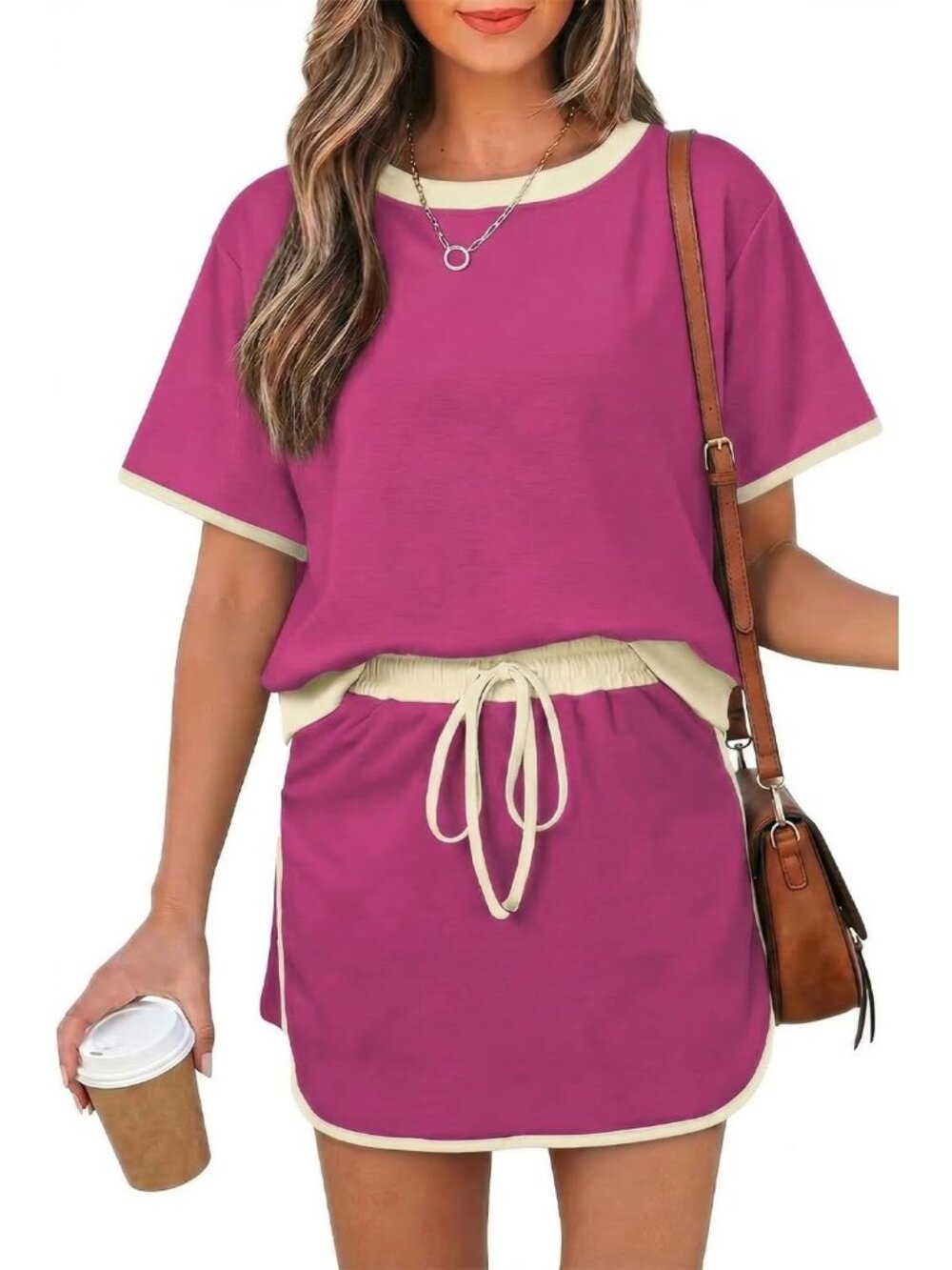 〽️Women's Shorts Set Rose Red Short Sleeve Top Drawstring Skort Matching Outfit